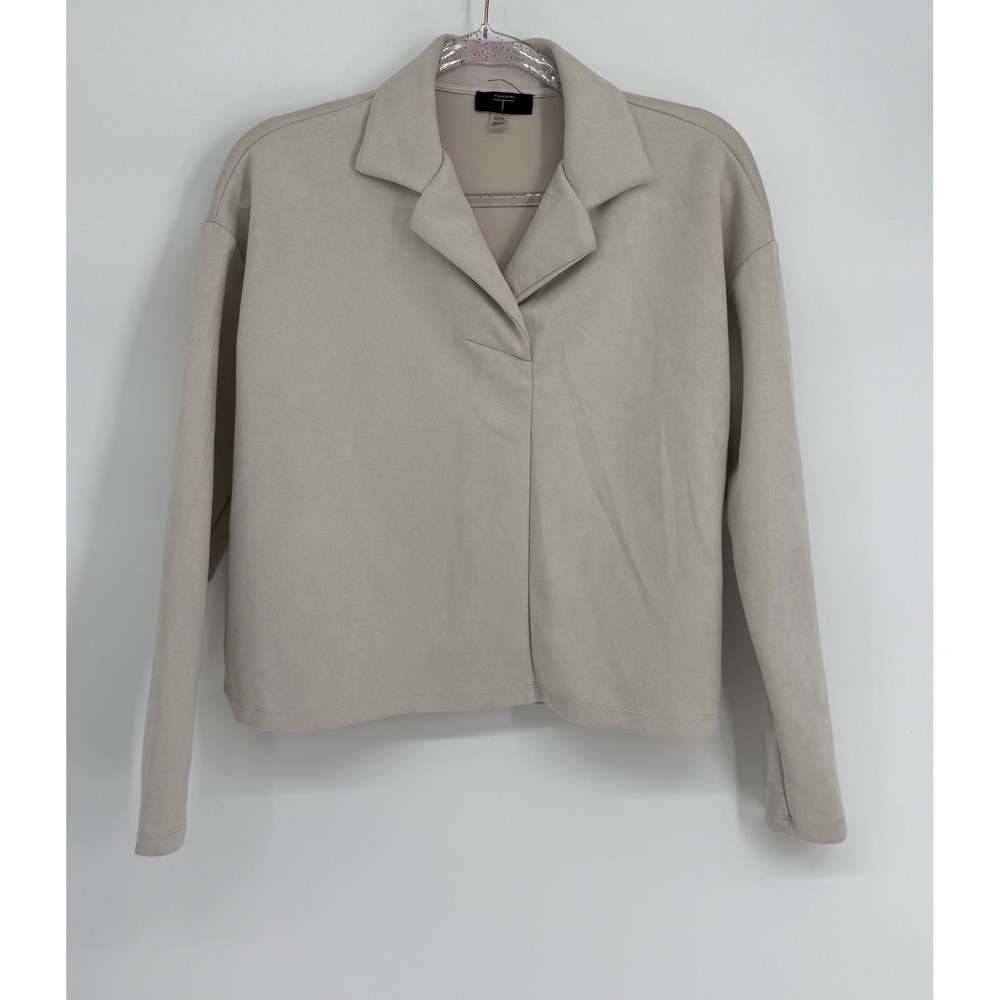 Tahari Womens Sz XS Beige Faux‎ Suede Notched Collar Long Slv Boxy Pullover Top
